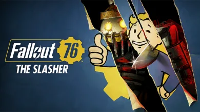 Fallout 76 artwork showing Vault Boy tearing through a paper-like image to reveal a masked slasher figure, with The Slasher title text