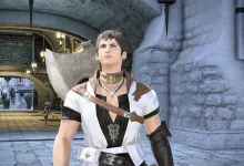 Final Fantasy 14 character in a white outfit standing in a stone city area