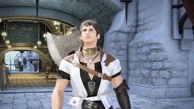 Final Fantasy 14 character in a white outfit standing in a stone city area