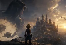 A blond fantasy adventurer stands before an ornate castle with floating vessels in a dramatic sunset landscape.