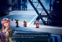 A pixel-art Final Fantasy Resonance scene shows Aileen speaking with party members on a futuristic street.