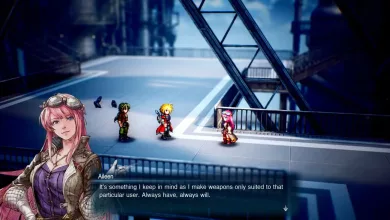 A pixel-art Final Fantasy Resonance scene shows Aileen speaking with party members on a futuristic street.