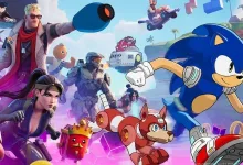 Colorful Fortnite crossover artwork showing Sonic the Hedgehog alongside other game-inspired characters on the island