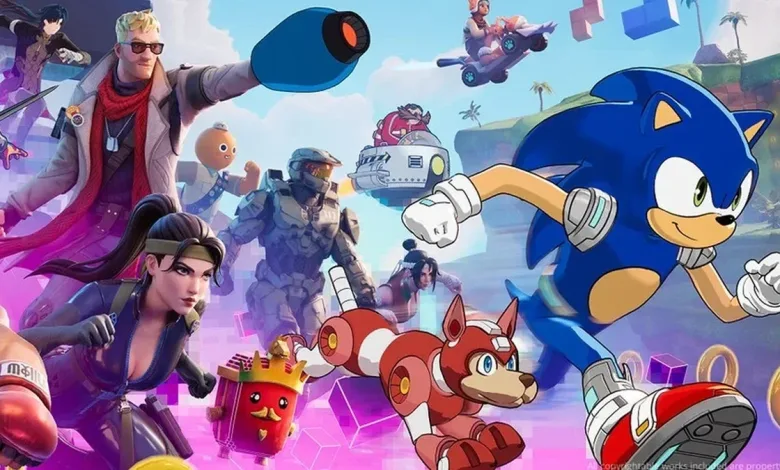 Colorful Fortnite crossover artwork showing Sonic the Hedgehog alongside other game-inspired characters on the island