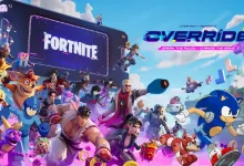 Fortnite Override artwork featuring Sonic the Hedgehog and other crossover characters among colorful game-themed elements