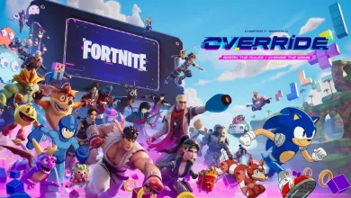 Fortnite Override artwork featuring Sonic the Hedgehog and other crossover characters among colorful game-themed elements