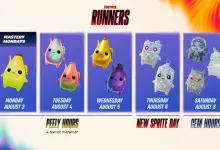 Fortnite Runners graphic showing Sprite events from Monday, August 3, through Saturday, August 8, including Peely Hours, Gem Sprite Day, and Gem Hours