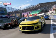 Several cars, including a yellow sports car, race at a stadium in Forza Horizon 5
