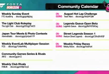 Forza Horizon 6 community calendar listing 11 ongoing activities, including the August Hot Lap Challenge, Legends Queue Open Beta, Street Legends Season 1, and Weekly Friday Races