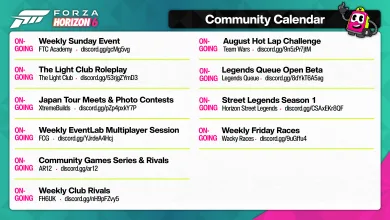 Forza Horizon 6 community calendar listing 11 ongoing activities, including the August Hot Lap Challenge, Legends Queue Open Beta, Street Legends Season 1, and Weekly Friday Races