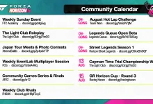Forza Horizon 6 community calendar showing 10 ongoing events, Cayman Time Trial Championship Week 3 on August 13, and GR Horizon Cup Round 3 on August 15