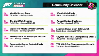 Forza Horizon 6 Community Calendar listing ongoing activities and races on August 6 and August 8
