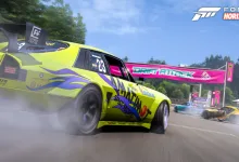 A brightly colored car drifts through a Forza Horizon 6 circuit beneath a Drift Attack banner, sending tire smoke across the track.