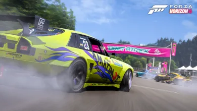 A brightly colored car drifts through a Forza Horizon 6 circuit beneath a Drift Attack banner, sending tire smoke across the track.