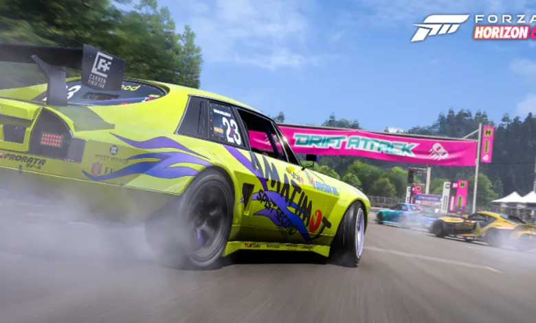 A brightly colored car drifts through a Forza Horizon 6 circuit beneath a Drift Attack banner, sending tire smoke across the track.