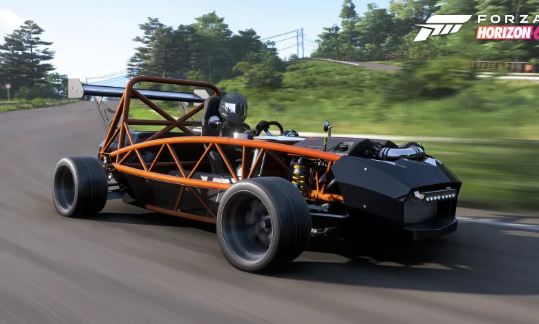 A stripped-down orange-and-black kit car driving on a track in Forza Horizon 6