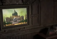 A framed painting of a domed building displayed on a dark ornate wall in Path of Exile.