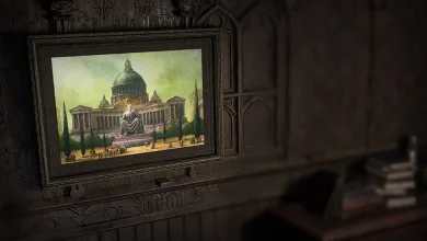 A framed painting of a domed building displayed on a dark ornate wall in Path of Exile.