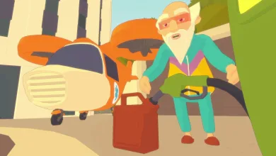 Screenshot of an old bearded man siphoning fuel into a container in Future? No Thanks!