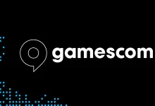 Gamescom logo on a black background with blue pixel accents