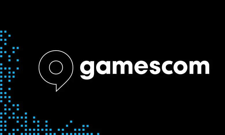 Gamescom logo on a black background with blue pixel accents