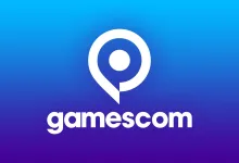 White Gamescom logo displayed over a blue-to-purple gradient background.