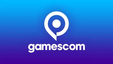 White Gamescom logo displayed over a blue-to-purple gradient background.