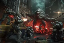 COG soldiers battle a giant Locust in a ruined city during Gears of War: E-Day gameplay