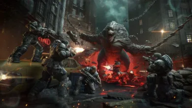 COG soldiers battle a giant Locust in a ruined city during Gears of War: E-Day gameplay