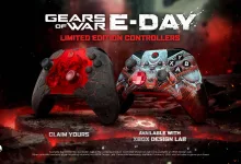 Two Gears of War: E-Day limited edition Xbox controllers, one red-and-black and one skull-themed, displayed against a dark red background.