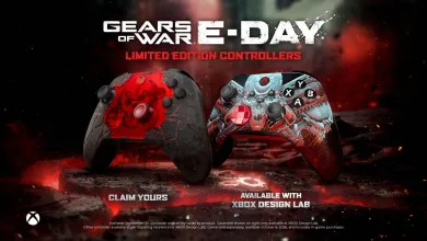 Two Gears of War: E-Day limited edition Xbox controllers, one red-and-black and one skull-themed, displayed against a dark red background.