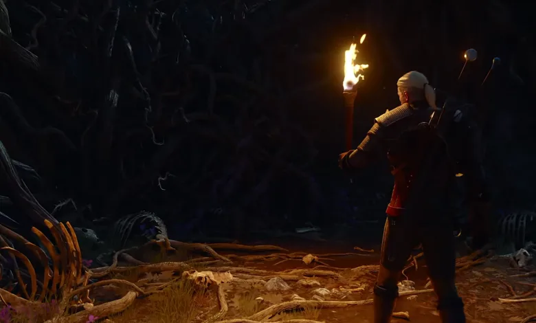 Geralt holds a torch while exploring a dark cavern in The Witcher 3.