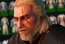 Close-up of Geralt in The Witcher 3 Remastered with equipment icons visible behind him.