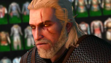 Close-up of Geralt in The Witcher 3 Remastered with equipment icons visible behind him.