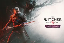 Geralt stands with drawn sword beside The Witcher 3: Wild Hunt — Songs of the Past title artwork