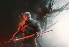 Geralt of Rivia in armor holding a sword in a dark forest