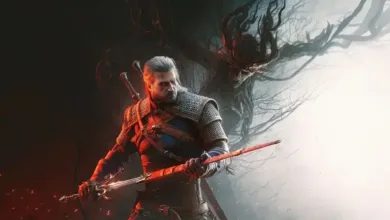 Geralt of Rivia in armor holding a sword in a dark forest