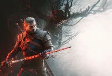 Geralt of Rivia stands armed beneath twisted trees in a dark fantasy scene