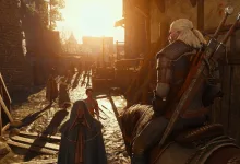 Geralt rides Roach through a sunlit medieval street in The Witcher 3