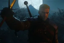 Geralt raises his sword under a full moon in a dark forest.