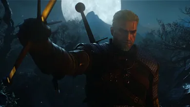 Geralt raises his sword under a full moon in a dark forest.