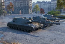 Three German tanks displayed on a city street in World of Tanks Update 2.4