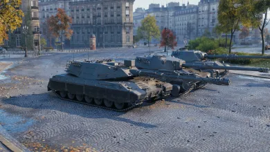Three German tanks displayed on a city street in World of Tanks Update 2.4