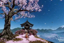 A cherry blossom tree and shrine overlook a mountain valley in Ghost of Yōtei.