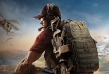A tactical soldier with a rifle and backpack overlooks a mountainous valley as helicopters fly nearby.