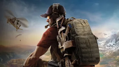 A tactical soldier with a rifle and backpack overlooks a mountainous valley as helicopters fly nearby.