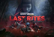 Ghost Recon soldiers stand beneath a masked figure in Ghost Recon Wildlands: Last Rites key art.
