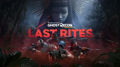 Ghost Recon soldiers stand beneath a masked figure in Ghost Recon Wildlands: Last Rites key art.