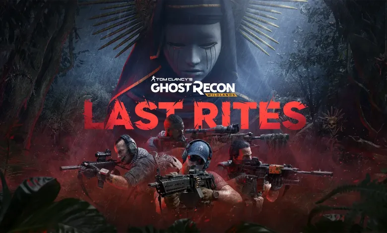 Ghost Recon soldiers stand beneath a masked figure in Ghost Recon Wildlands: Last Rites key art.