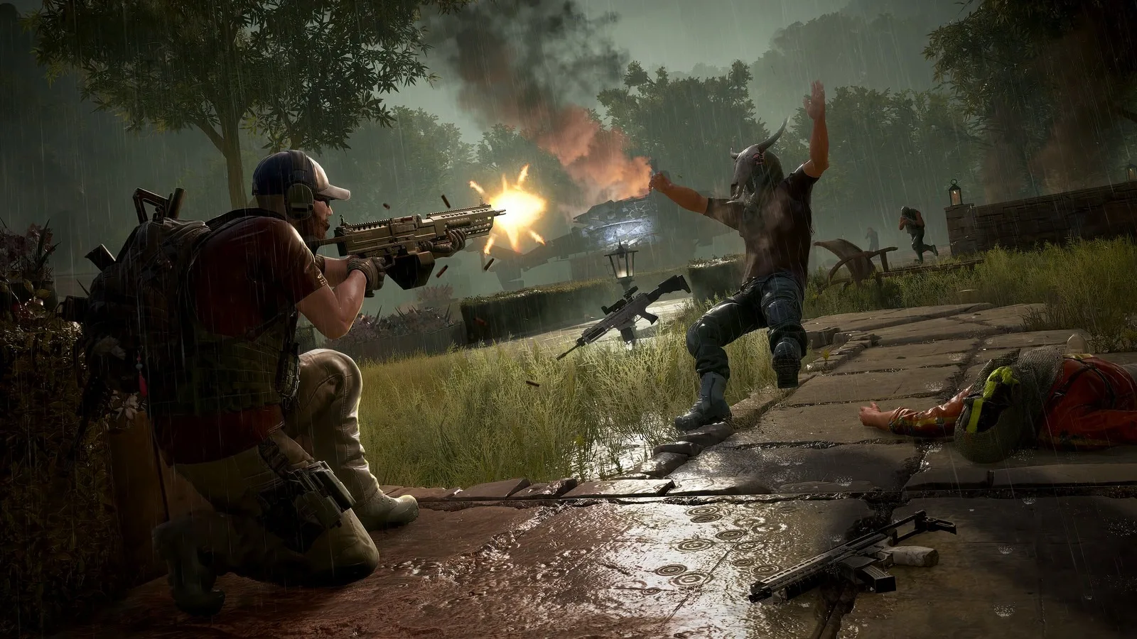 Ghost Recon Wildlands soldier firing at enemies outdoors